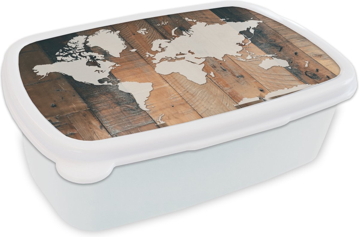 Broodtrommel Wit - Lunchbox - Brooddoos - Wereldkaart - Hout - Wit - 18x12x6 cm - Volwassenen
