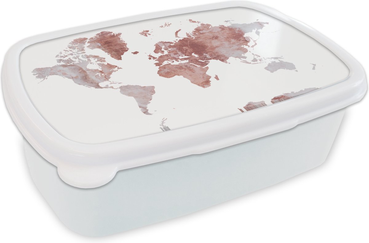 Broodtrommel Wit - Lunchbox - Brooddoos - Wereldkaart - Marmer - Rood - 18x12x6 cm - Volwassenen