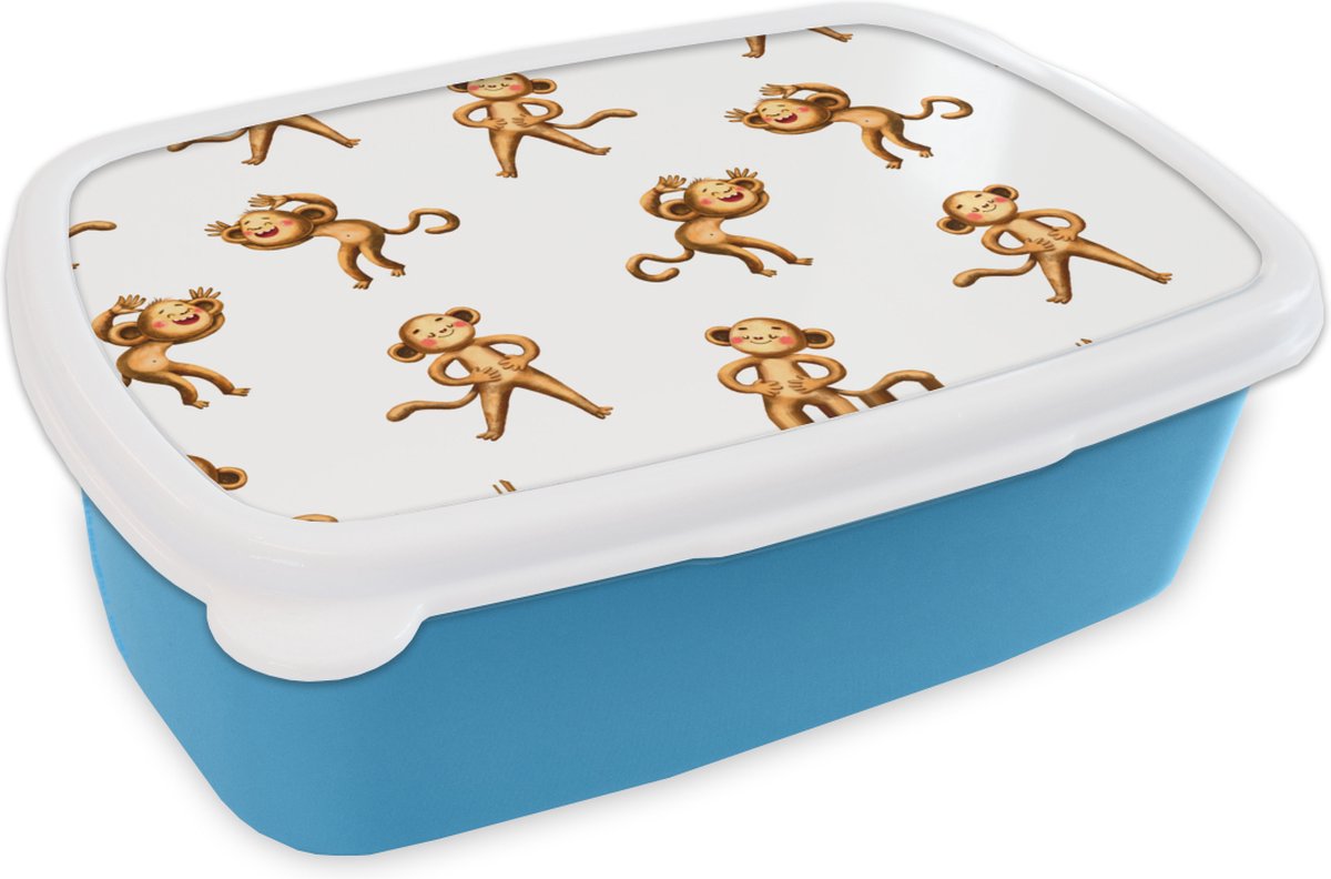 Broodtrommel Blauw - Lunchbox - Brooddoos - Jungle - Design - Aap - Wit - 18x12x6 cm - Kinderen - Jongen