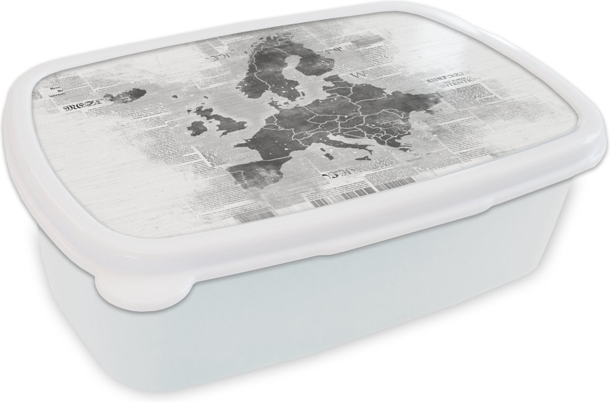 Broodtrommel Wit - Lunchbox - Brooddoos - Europakaart - Krant - Zwart - Wit - 18x12x6 cm - Volwassenen