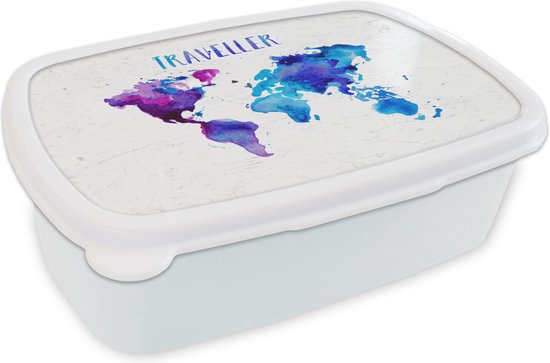 Boîte à Pain Wit - Boîte à Lunch - Boîte à Pain - Carte du Wereldkaart - Proverbes - Aquarelle - 18x12x6 cm - Adultes