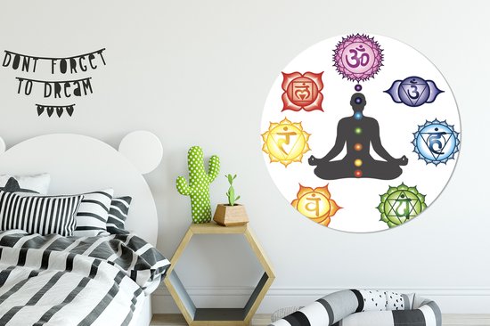 Sept chakras autour d'une silhouette méditante cercle mural assiette plastique ⌀ 120 cm - impression photo sur cercle mural / cercle vivant (décoration murale)