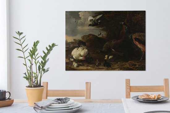 Une poule avec des poussins menacés par deux paons - Peinture de Melchior d'Hondecoeter sur toile 80x60 cm - Tirage photo sur toile (Décoration murale salon / chambre)