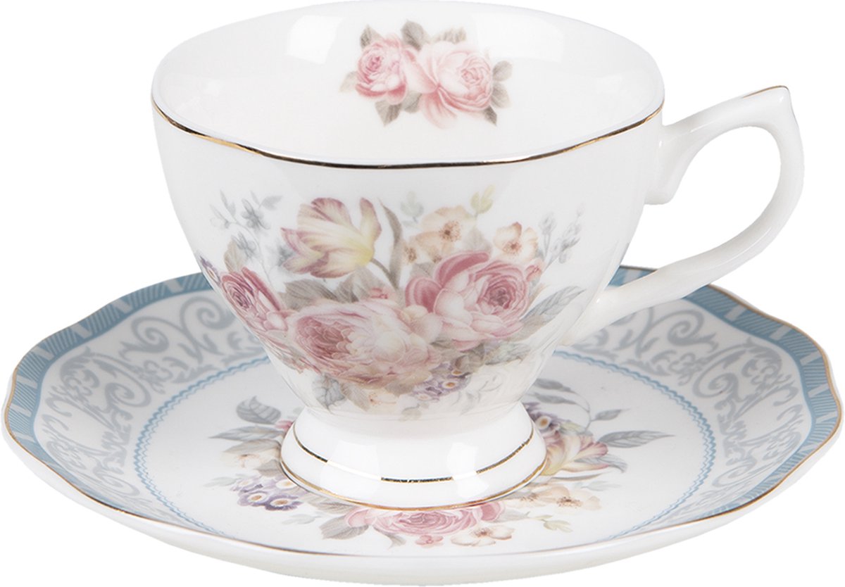 Clayre & Eef Kop en Schotel 220 ml Wit Porselein Bloemen