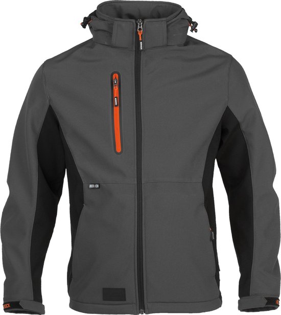 Antracietkleurige softshell jas met zwarte zijpanelen en oranje ritsen.