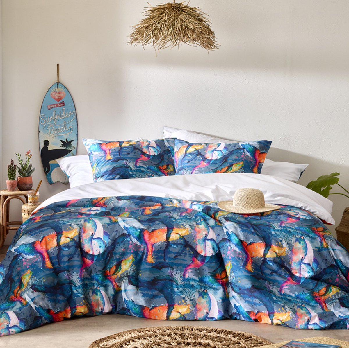 De Witte Lietaer Dekbedovertrek Whales Deep Blue - Tweepersoons - 200 x 200/220 - Katoen Perkal Blauw