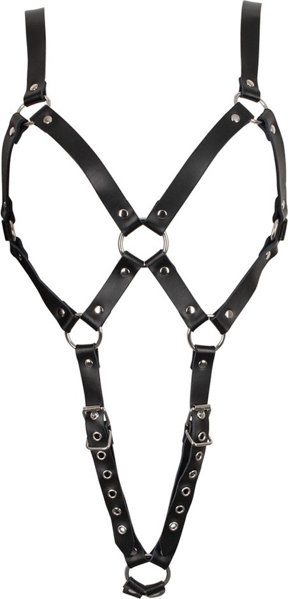 Goedkoopste ZADO – Lederen Riemen Full Body Harnas Verstelbaar met Open Kruis en Borsten Maat S/M - Zwart