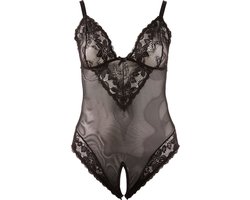 Cottelli Plus Size – Sexy Body met Open Kruis en Kanten Motieven Langs Randen voor Speciale Dates – Maat XL – Zwart