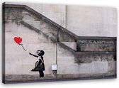 Trend24 - Canvas Schilderij - Banksy Muurschildering Meisje Met Ballon Hart - Schilderijen - Reproducties - 60x40x2 cm - Zwart