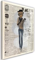 Trend24 - Canvas Schilderij - Hipster Leopard - Krantenartikel - Schilderijen - Abstract - 60x90x2 cm - Grijs