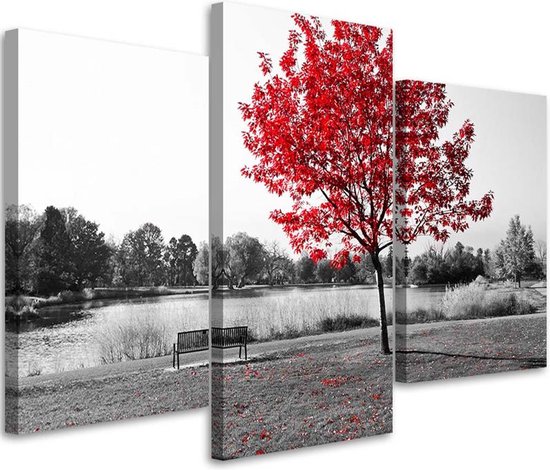 Trend24 - Canvas Schilderij - Rode Bladeren - Drieluik - Landschappen - 150x100x2 cm - Rood