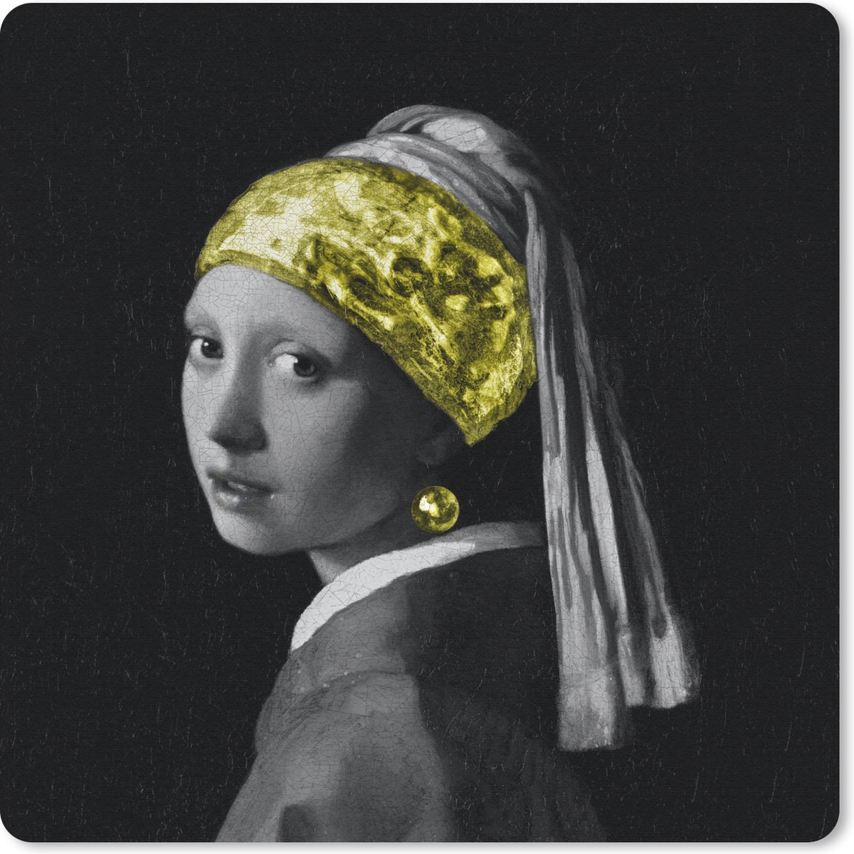 Muismat 20x20 cm - Mousepad Meisje met de parel - Schilderij - Goud - Muismatten