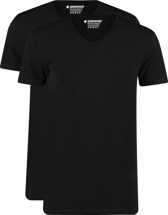 Garage 0222- Bio-Cotton Bodyfit 2-pack T-shirt V-hals korte mouw zwart L 95% organisch katoen 5% elastan