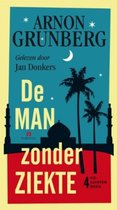 Boekcover met tekst 'Arnon Grunberg De man zonder ziekte'. Silhouetten van palmbomen en minaretten op een gele achtergrond.