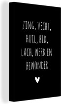 Peintures sur toile - Citations - Citation néerlandaise : « Chantez, combattez, pleurez, priez, riez, travaillez et admirez » sur fond noir - 20x30 cm - Décoration murale