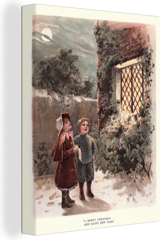 Illustration Vintage enfants à Noël toile 2cm 30x40 cm - petit - Tirage photo sur toile (Décoration murale salon / chambre)