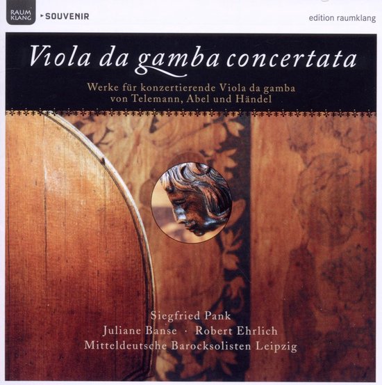 Hoes van de cd "Viola da gamba concertata", met een close-up van een houten viola da gamba en een Medusa-hoofd.