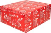 3x rollen kerst inpakpapier/cadeaupapier rood met huisjes 200 x 70 cm - Kerstpapier cadeaurollen