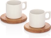 Joy Kitchen duurzame koffiekopjes en espresso kopjes natural set van 2 | houten onderlegger | natuurlijk barista servies | koffiemok op houten plateau | koffiebeker | porseleinen k
