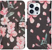 iMoshion Hoesje Geschikt voor iPhone 13 Pro Hoesje Met Pasjeshouder - iMoshion Design Softcase Bookcase - Zwart / Blossom Watercolor Black