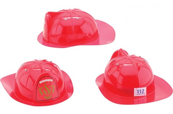 Drie rode brandweerhelmen. Eén met "BRANDWEER" en een vlammenlogo. Eén met "112" en "brandweer".