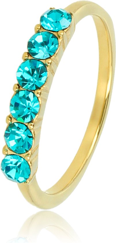 *My Bendel - Stijlvolle damesring die je laat stralen - goudkleurig - Goudkleurige ring met 4mm grote blauwe zirkonia stenen - Met luxe cadeauverpakking