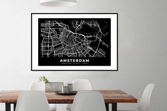 Cadre photo avec affiche - Amsterdam - Carte - Zwart - 120x80 cm - Cadre pour affiche