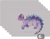 Placemat kinderen - Placemat - Placemats kunststof - Dinosaurus - Paars - Kinderkamer - Meisjes - Kinderen - Roze - Kindje - 45x30 cm - 6 stuks - Hittebestendig - Anti-Slip - Onderlegger - Afneembaar