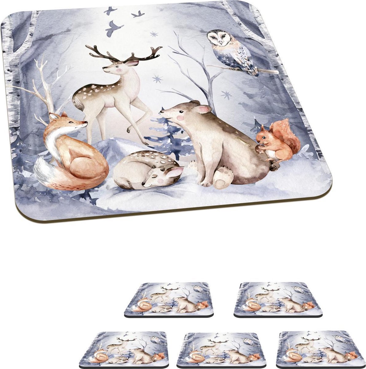Onderzetters voor glazen - Bos - Winter - Kerst - 10x10 cm - Glasonderzetters - 6 stuks