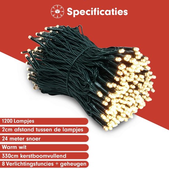 Een grote bundel warme witte LED-lichtjes op een donkere kabel, met specificaties zoals '1200 Lampjes' en '24 meter snoer'.