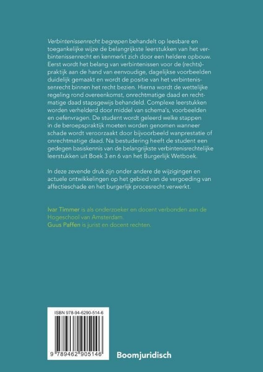 Boek met tekst over verbintenissenrecht, auteurs Ivar Timmer en Guus Paffen, en een ISBN-barcode.