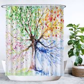 Ulticool Douchegordijn - Boom Tree of Life 4 Seizoenen Aquarel - 180 x 200 cm - semi Transparant - met 12 Ringen Wit - anti Schimmel - Multi Color