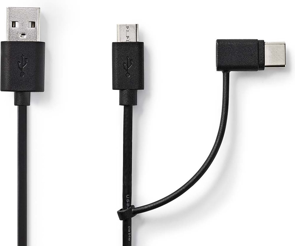 Image of 2-in-1-Kabel - USB 2.0 - USB-A Male - USB Micro-B Male / USB-C Male - 480 Mbps - 1.00 m - Vernikkeld - Rond - PVC - Zwart - Envelop