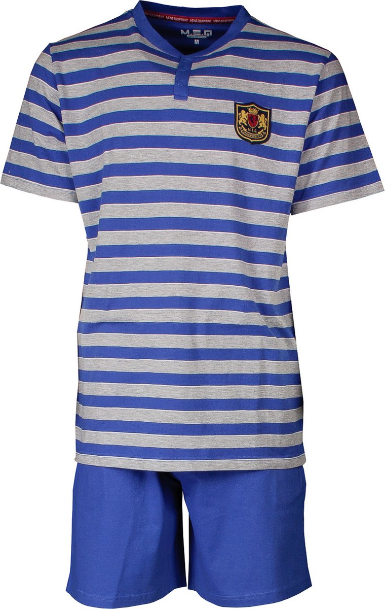 MEQ Heren Shortama - Pyjama Set - Katoen - Gestreept - Blauw - Maat S