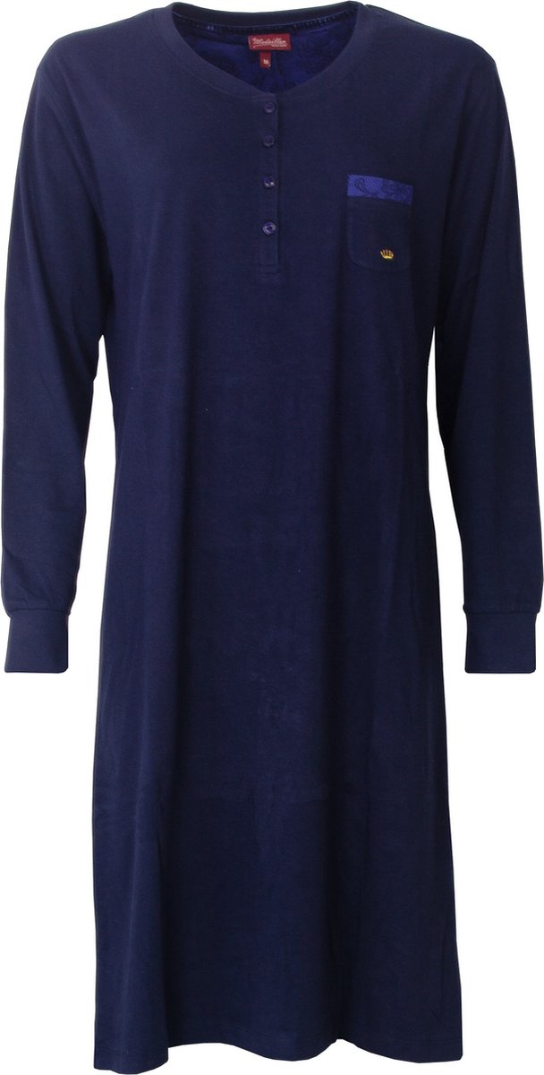 Medaillon Dames Nachthemd - 100% Katoen - Effen Donker Blauw - Maat S