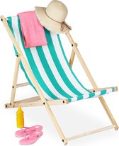 Relaxdays strandstoel hout - inklapbaar - opvouwbare ligstoel - klapstoel - gestreept - wit-blauw