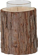 Kandelaars - theelichthouder hout met glas ø8.5x12.5cm - natural - 85x125x