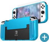 Nintendo Switch OLED case - TPU Beschermhoes - Carbon Blauw - met Screenprotector van Glas