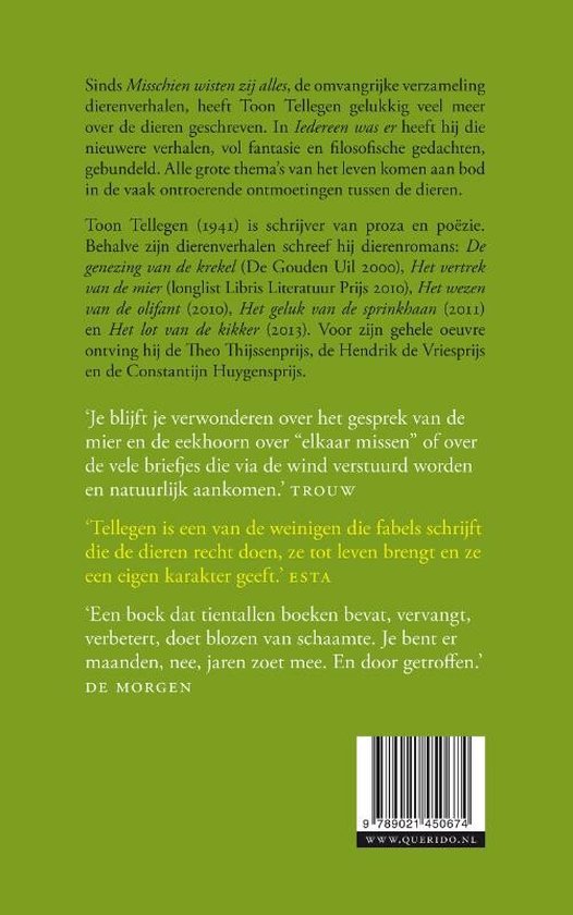 Boekomslag met tekst over de verhalen van Toon Tellegen. Achteraan een barcode en website.