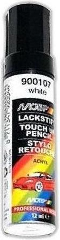 Witte lakstift van Motip, 12 ml, met rode sportwagenillustratie.