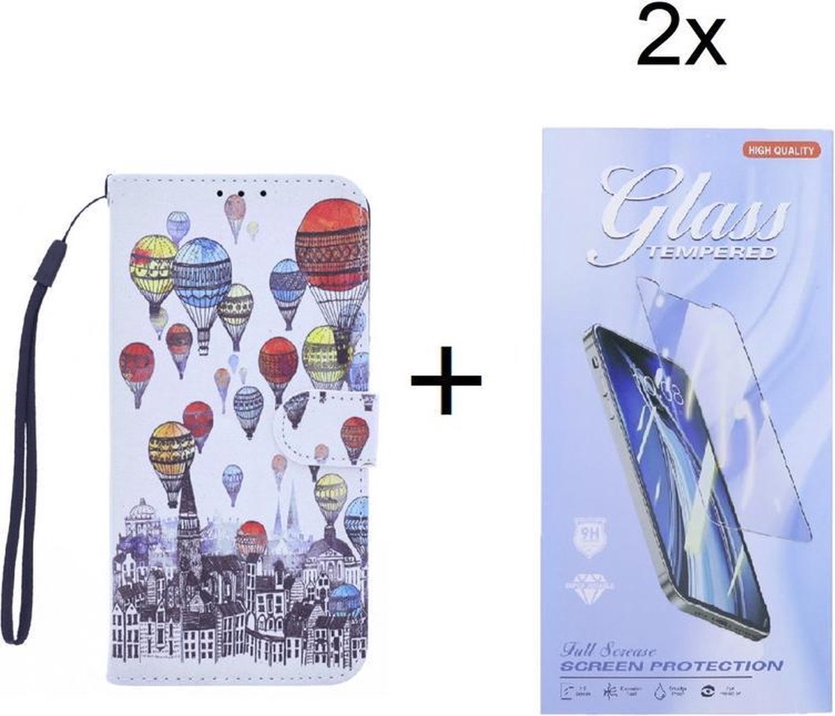 Bookcase Geschikt voor: Motorola Moto G9 Play hoesje met print - Air Balloon met 2 stuks Glas Screen protector
