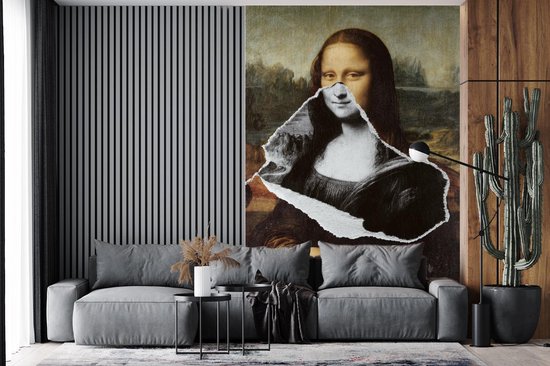 Papier Peint - Papier Papier peint photo Mona Lisa - Zwart - Wit - Da Vinci - Largeur 225 cm x Hauteur 350 cm