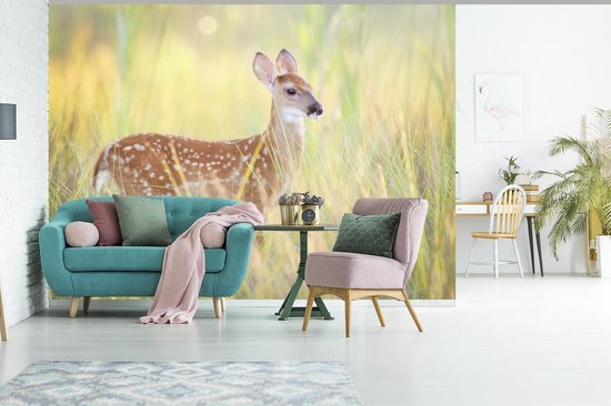 Papier peint Papier peint photo en vinyle - Jeune cerf dans l'herbe haute largeur 385 cm x hauteur 280 cm - Tirage photo sur papier peint (disponible en 7 tailles)