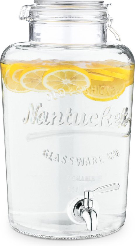 Navaris glazen limonadetap met kraantje - Drankdispenser met RVS tap - Sapdispenser - Voor koude dranken - 8L - Ø19 x 36 cm - Voor feestjes