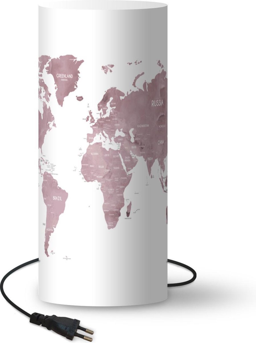 Lamp - Nachtlampje - Tafellamp slaapkamer - Wereldkaart - Roze - Design - 54 cm hoog - Ø22.9 cm - Inclusief LED lamp