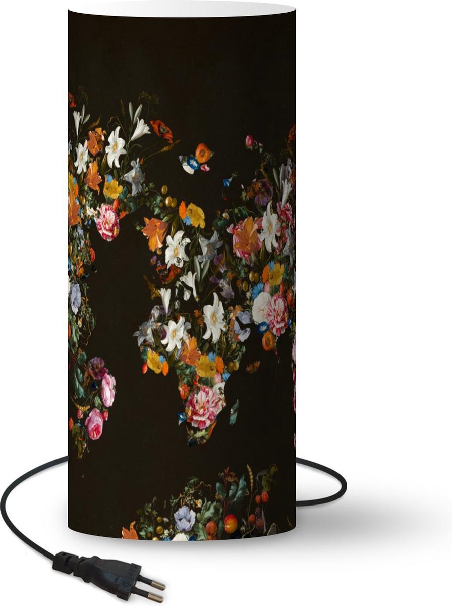 Lamp - Nachtlampje - Tafellamp slaapkamer - Wereldkaart - Bloemen - Insecten - 33 cm hoog - Ø14.3 cm - Inclusief LED lamp