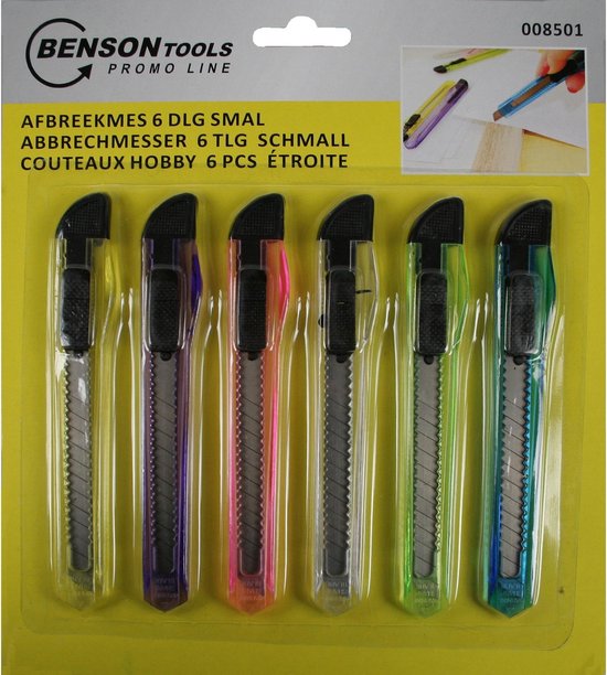 Benson Stanleymes - Afbreekmes - Snijmes - 9 mm - Kleur - 6 stuks