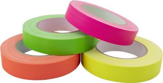 Vier rollen tape: oranje, felgroen, roze en geel.