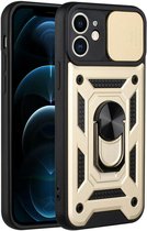 Hoesje Geschikt voor iPhone 13 pro Hoesje met Camera Bescherming Goud – met ring houder Rugged Armor Back Cover - Case - Camera Schuif