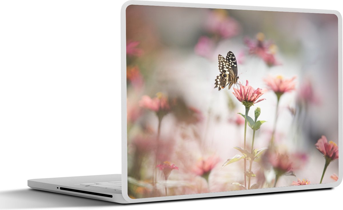 Laptop sticker - 14 inch - Vlinder - Bloem - Roze - 32x5x23x5cm - Laptopstickers - Laptop skin - Cover